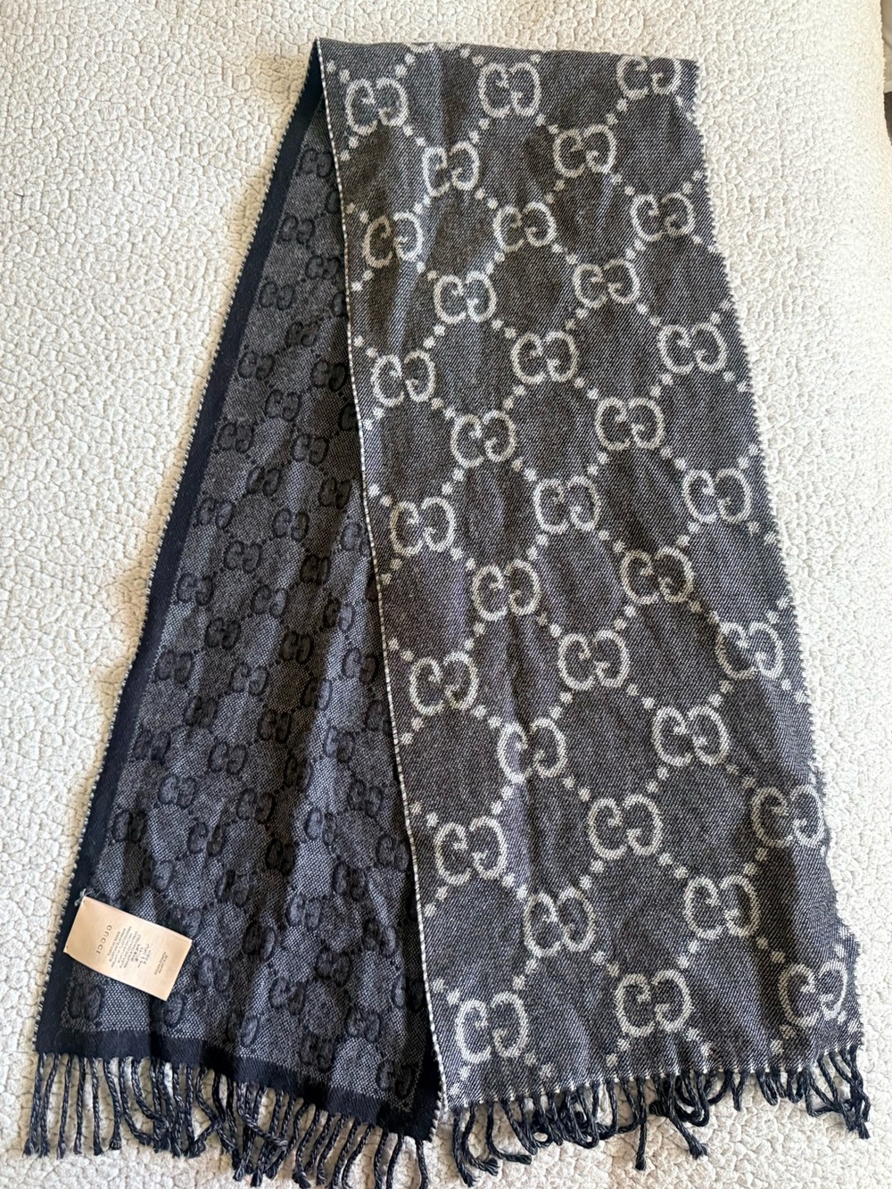 Gucci GG Monogram Wool Scarf – Black & Gray – 34 x 194 cm
